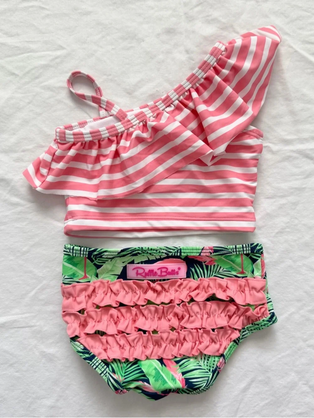 Ruffle Butts Pink Striped One-Shoulder Ruffle Bikini with Flamingo Print Bottoms